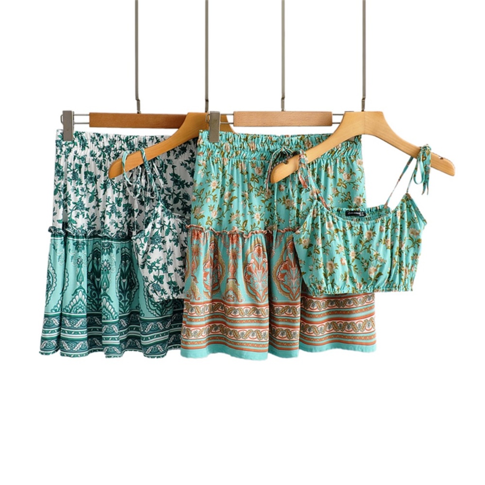 bohemian mint cami crop top ruffle skirt set - Picture 2 of 7